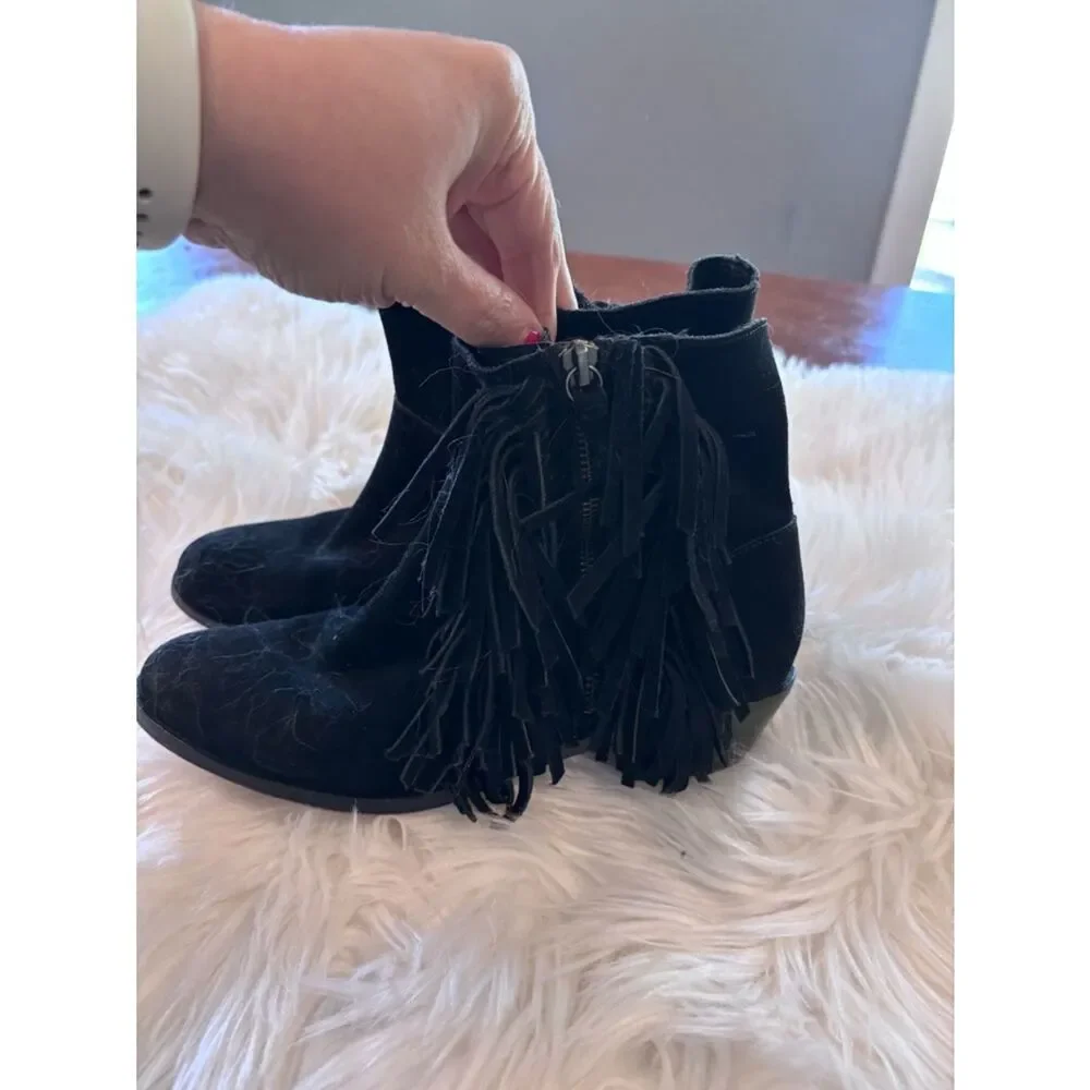 Cynthia Vincent Black Suede Fringe Ankle Boots